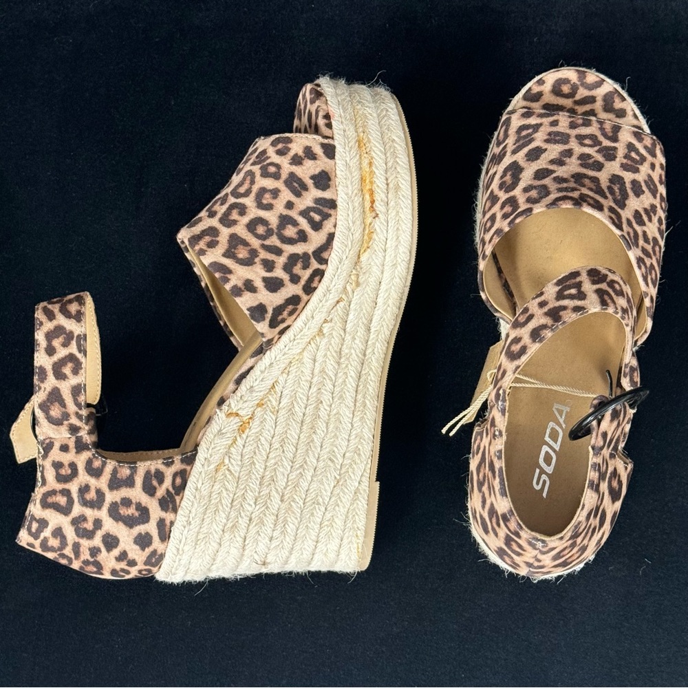 Leopard Print Open Toe Wedges With Twine Base - image 5